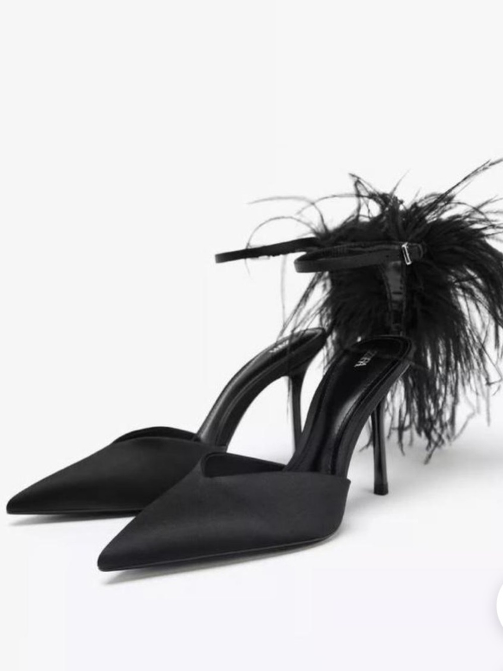 Zara Black Feather-Trim Pointed Toe Stiletto Heels 10 NEW